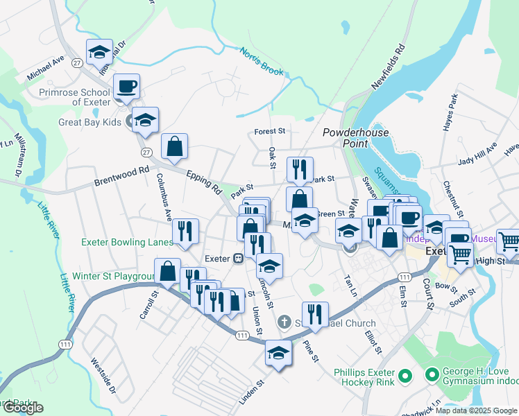 map of restaurants, bars, coffee shops, grocery stores, and more near 56 Park Street in Exeter