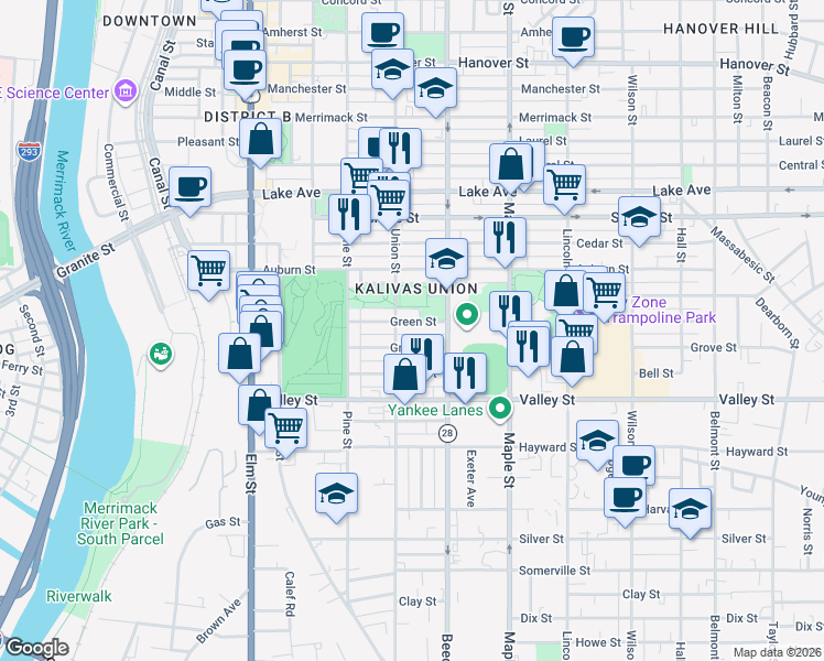 map of restaurants, bars, coffee shops, grocery stores, and more near 224 Green Street in Manchester
