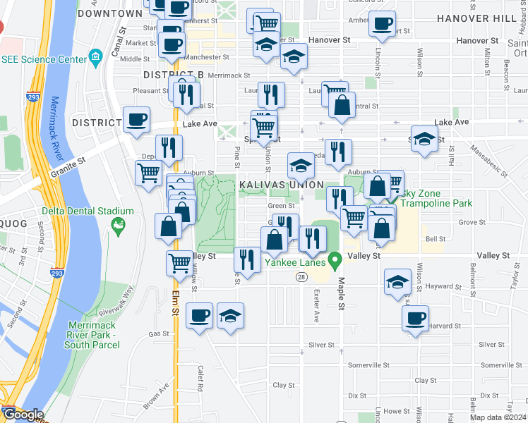 map of restaurants, bars, coffee shops, grocery stores, and more near 224 Green Street in Manchester