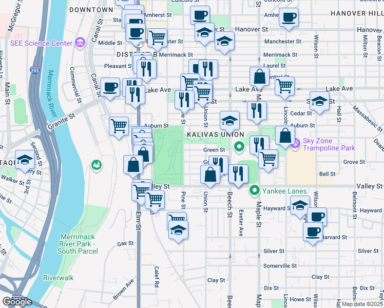 map of restaurants, bars, coffee shops, grocery stores, and more near 178 Green Street in Manchester