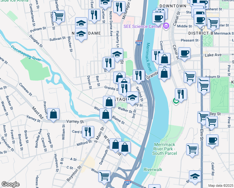 map of restaurants, bars, coffee shops, grocery stores, and more near 46 Dover Street in Manchester