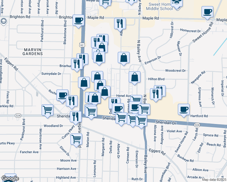 map of restaurants, bars, coffee shops, grocery stores, and more near 422 Delta Road in Buffalo