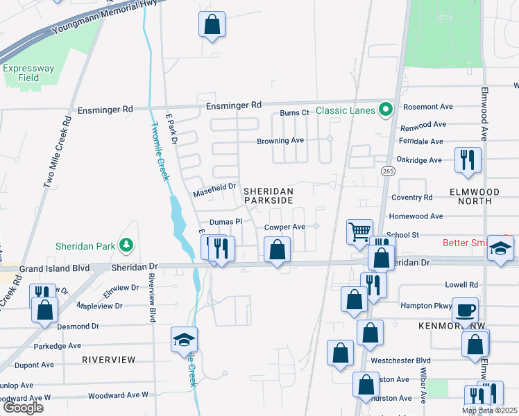 map of restaurants, bars, coffee shops, grocery stores, and more near 31-33 Shelley Court in Tonawanda