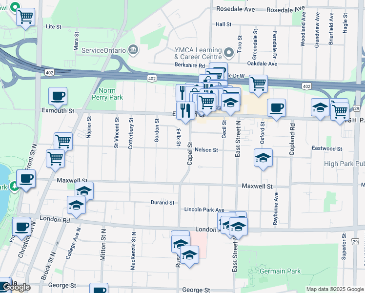 map of restaurants, bars, coffee shops, grocery stores, and more near 165 Capel Street in Sarnia