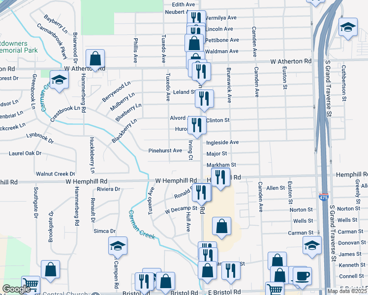 map of restaurants, bars, coffee shops, grocery stores, and more near 1028 Ingleside Avenue in Flint
