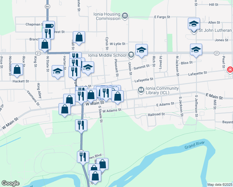 map of restaurants, bars, coffee shops, grocery stores, and more near 210 Pleasant Street in Ionia