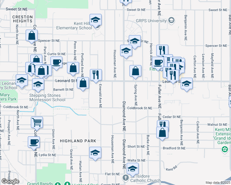 map of restaurants, bars, coffee shops, grocery stores, and more near 914 Leonard Street Northeast in Grand Rapids