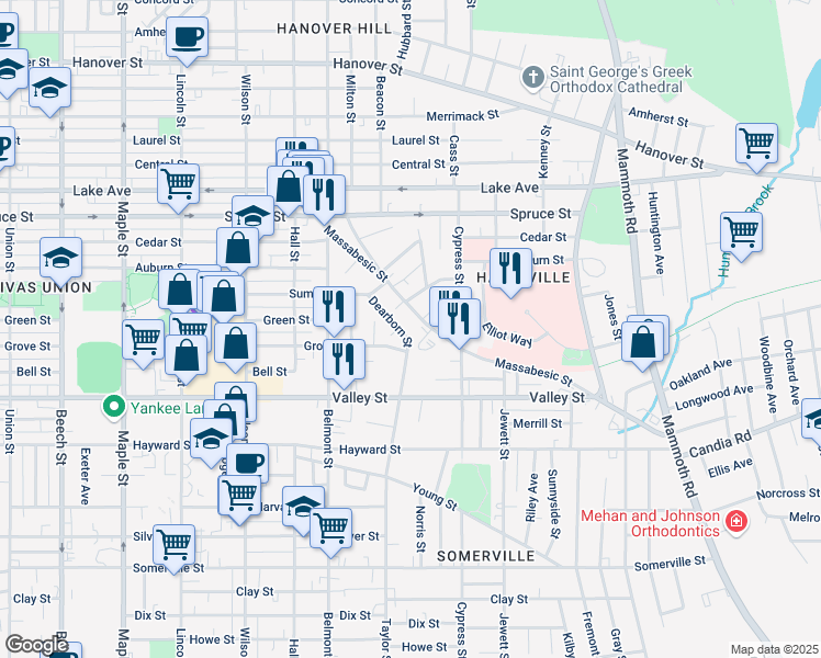 map of restaurants, bars, coffee shops, grocery stores, and more near 275 Massabesic Street in Manchester