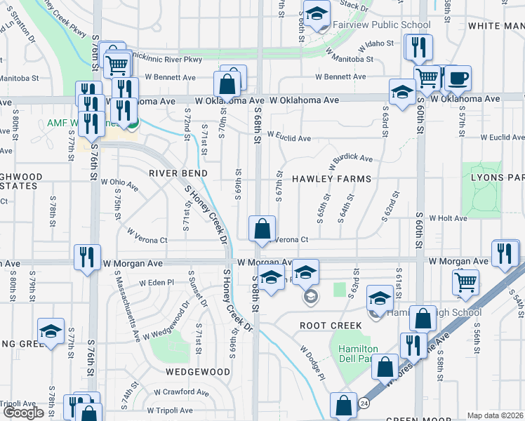 map of restaurants, bars, coffee shops, grocery stores, and more near 3364 South 68th Street in Milwaukee