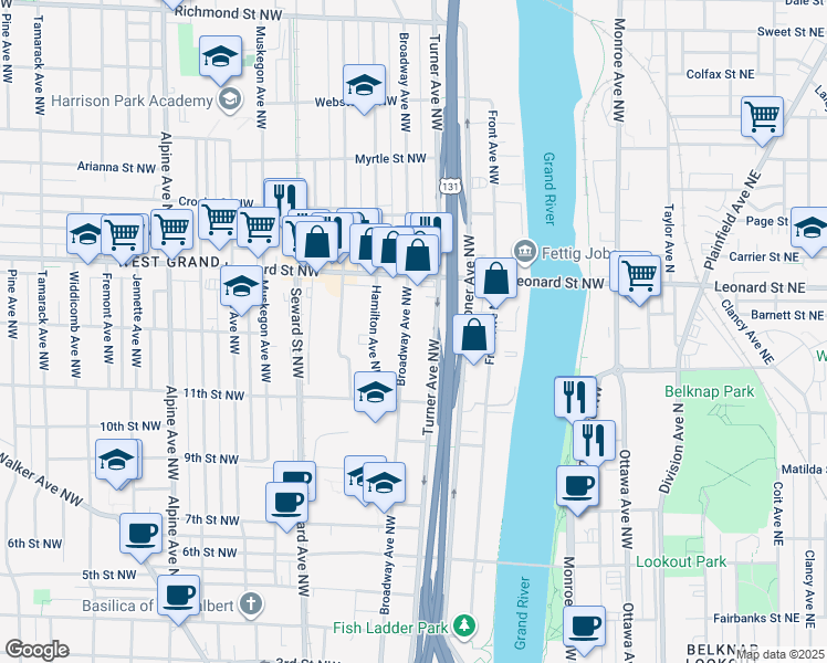 map of restaurants, bars, coffee shops, grocery stores, and more near 1104 Broadway Avenue Northwest in Grand Rapids