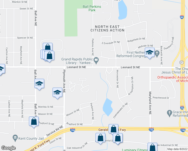 map of restaurants, bars, coffee shops, grocery stores, and more near 2000 Leonard Street Northeast in Grand Rapids