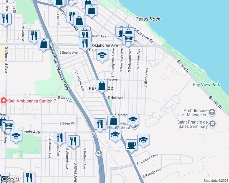 map of restaurants, bars, coffee shops, grocery stores, and more near 3320 South Pennsylvania Avenue in Milwaukee