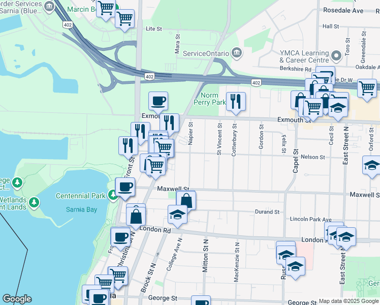 map of restaurants, bars, coffee shops, grocery stores, and more near Napier Street in Sarnia