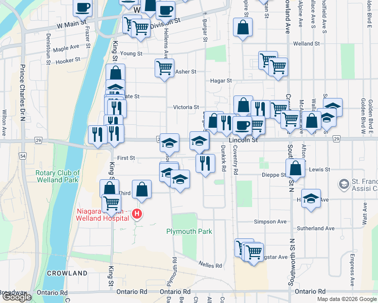 map of restaurants, bars, coffee shops, grocery stores, and more near 162 First Street in Welland
