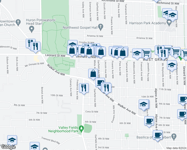 map of restaurants, bars, coffee shops, grocery stores, and more near 1043 White Avenue Northwest in Grand Rapids