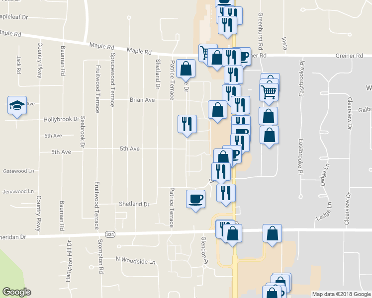 map of restaurants, bars, coffee shops, grocery stores, and more near 5th Ave & Palmdale Dr in Buffalo