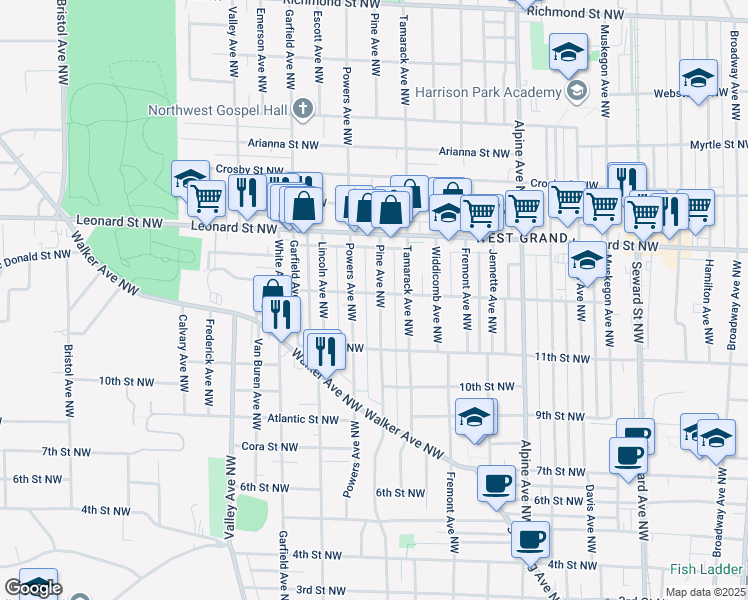 map of restaurants, bars, coffee shops, grocery stores, and more near 1114 Powers Avenue Northwest in Grand Rapids