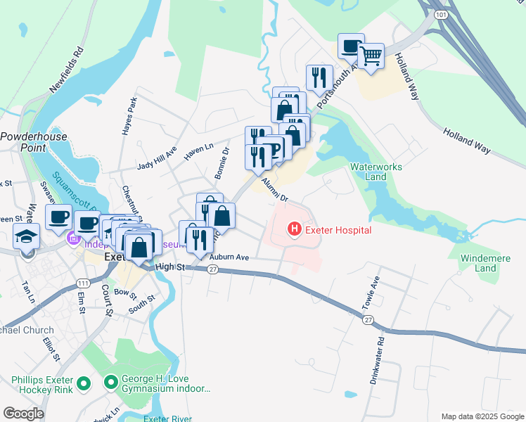 map of restaurants, bars, coffee shops, grocery stores, and more near 30 Magnolia Lane in Exeter