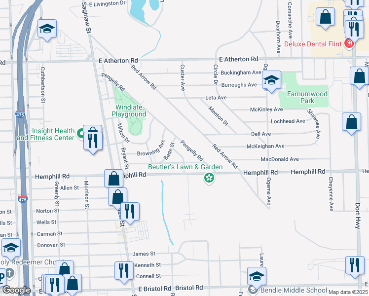 map of restaurants, bars, coffee shops, grocery stores, and more near 4428 Pengelly Road in Flint