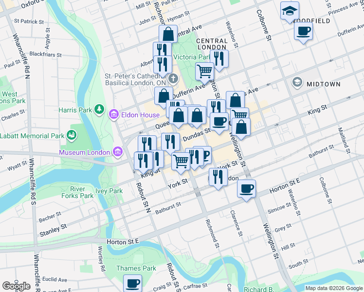 map of restaurants, bars, coffee shops, grocery stores, and more near 398 Richmond Street in London
