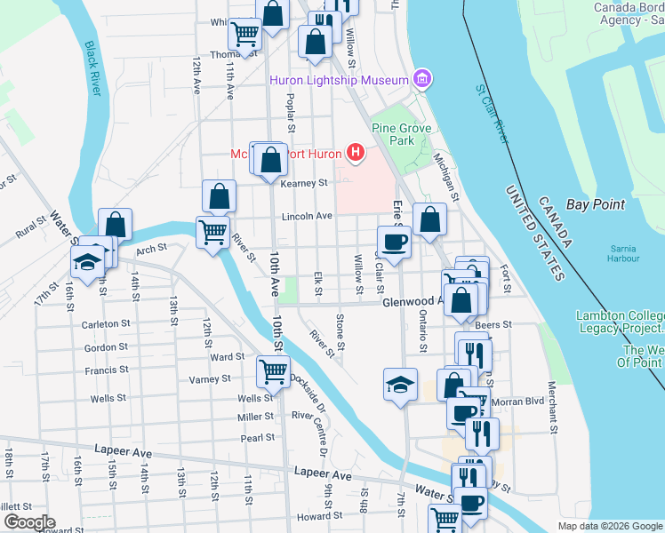 map of restaurants, bars, coffee shops, grocery stores, and more near 1108 Rawlins Street in Port Huron