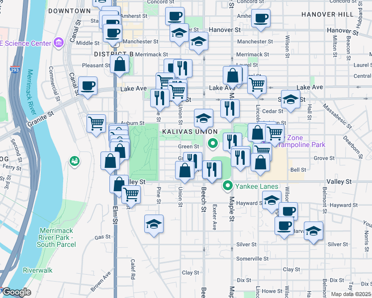 map of restaurants, bars, coffee shops, grocery stores, and more near 235 Green Street in Manchester