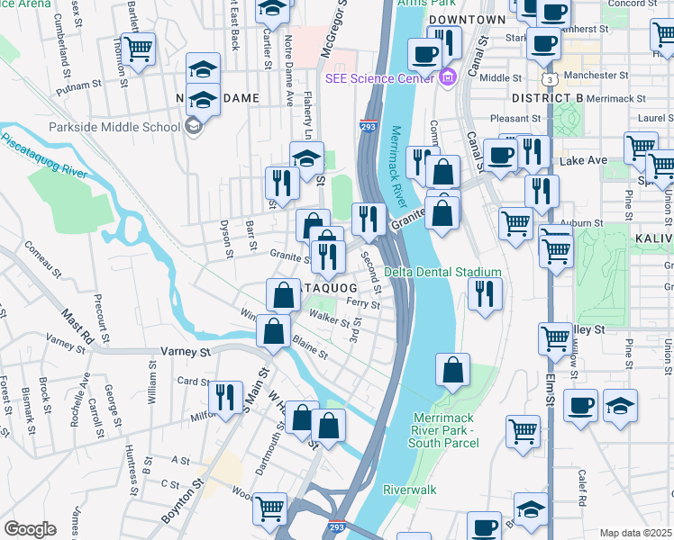 map of restaurants, bars, coffee shops, grocery stores, and more near 349 Granite Street in Manchester