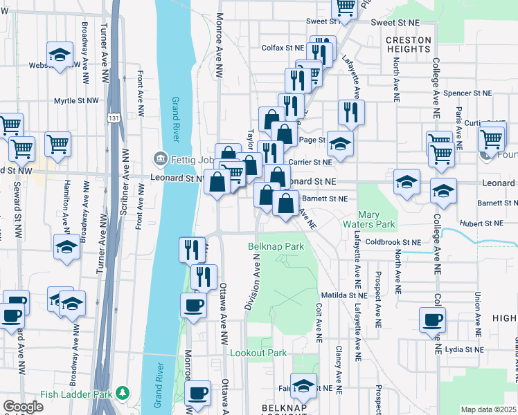 map of restaurants, bars, coffee shops, grocery stores, and more near 1157 Plainfield Avenue Northeast in Grand Rapids