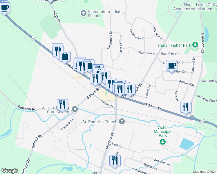 map of restaurants, bars, coffee shops, grocery stores, and more near 31 Dryer Avenue in Victor