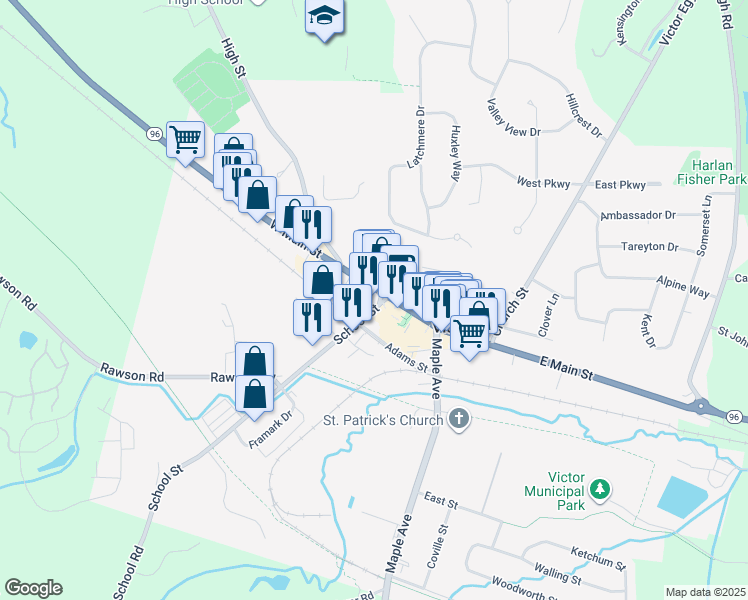 map of restaurants, bars, coffee shops, grocery stores, and more near 86 West Main Street in Victor
