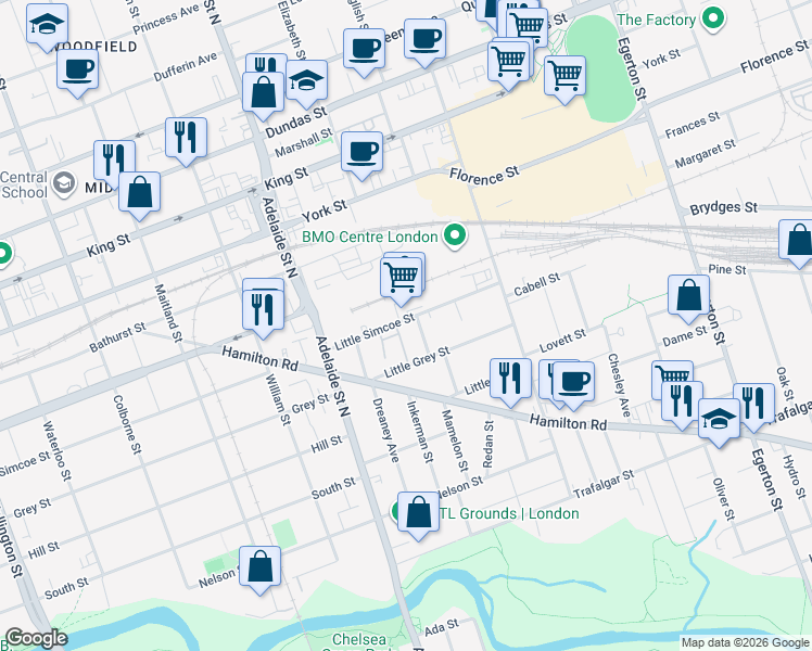 map of restaurants, bars, coffee shops, grocery stores, and more near 690 Little Grey Street in London
