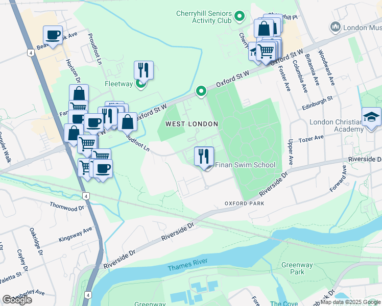 map of restaurants, bars, coffee shops, grocery stores, and more near 535 Proudfoot Lane in London