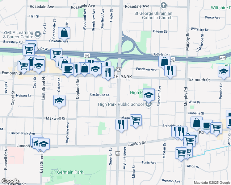 map of restaurants, bars, coffee shops, grocery stores, and more near 778 Indian Road North in Sarnia