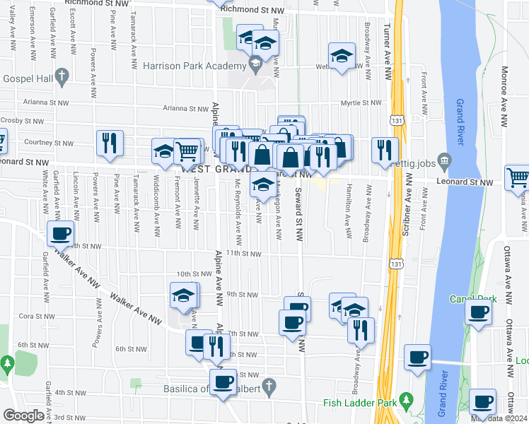 map of restaurants, bars, coffee shops, grocery stores, and more near 1121 Muskegon Avenue Northwest in Grand Rapids