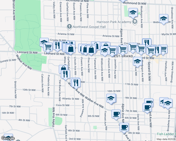 map of restaurants, bars, coffee shops, grocery stores, and more near 1114 Powers Avenue Northwest in Grand Rapids