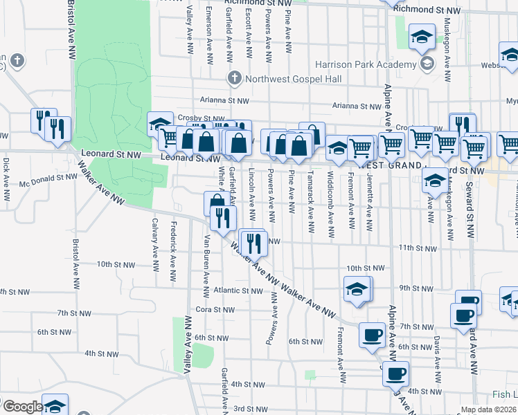 map of restaurants, bars, coffee shops, grocery stores, and more near 1110 Lincoln Avenue Northwest in Grand Rapids