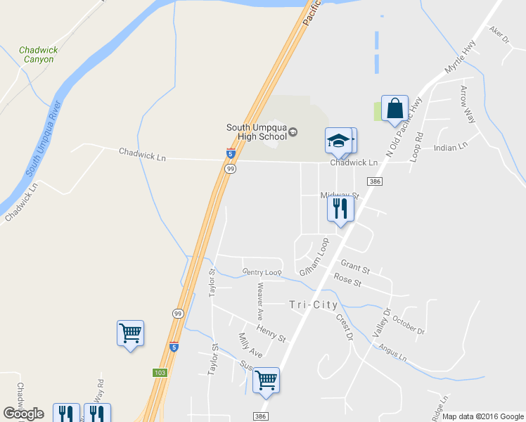 map of restaurants, bars, coffee shops, grocery stores, and more near 546 Chadwick Lane in Myrtle Creek