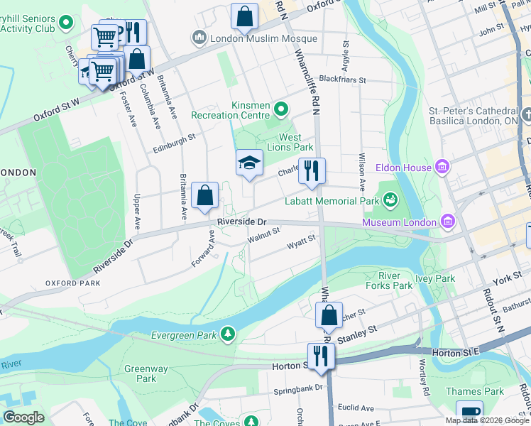 map of restaurants, bars, coffee shops, grocery stores, and more near in London