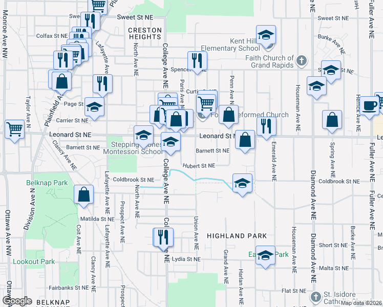 map of restaurants, bars, coffee shops, grocery stores, and more near 1144 Union Avenue Northeast in Grand Rapids