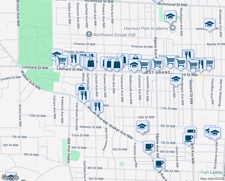 map of restaurants, bars, coffee shops, grocery stores, and more near 1114 Powers Avenue Northwest in Grand Rapids