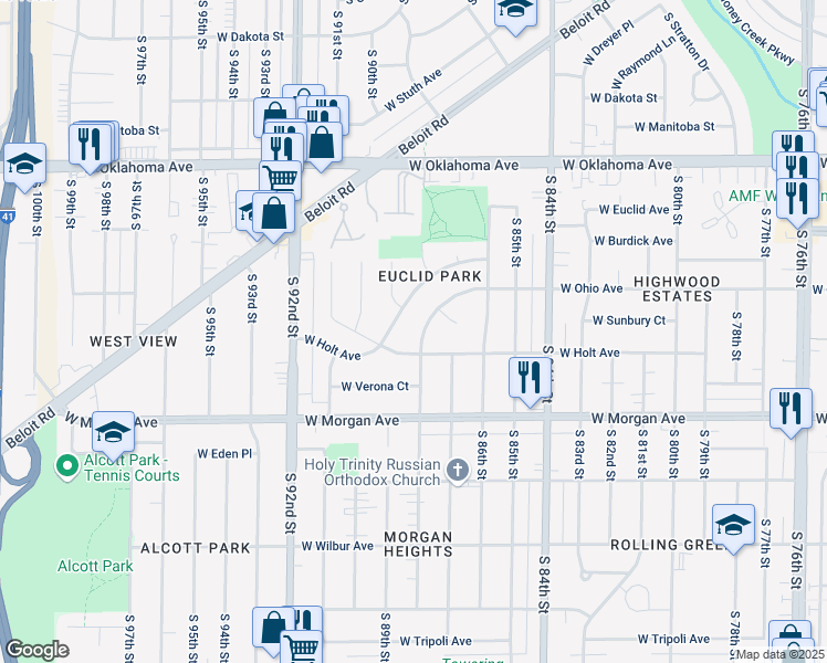 map of restaurants, bars, coffee shops, grocery stores, and more near 8901 West Burdick Avenue in Milwaukee