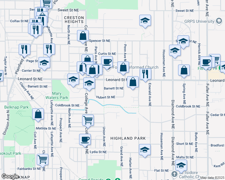 map of restaurants, bars, coffee shops, grocery stores, and more near 630 Barnett Street Northeast in Grand Rapids
