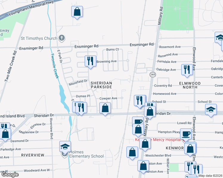 map of restaurants, bars, coffee shops, grocery stores, and more near 26-32 Curwood Court in Tonawanda
