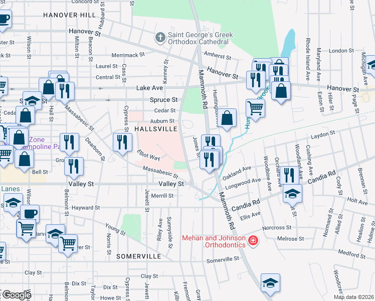 map of restaurants, bars, coffee shops, grocery stores, and more near 127 Tarrytown Road in Manchester