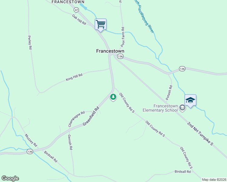 map of restaurants, bars, coffee shops, grocery stores, and more near Rte 136 in Francestown