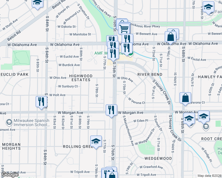 map of restaurants, bars, coffee shops, grocery stores, and more near 3355 South 76th Street in Milwaukee