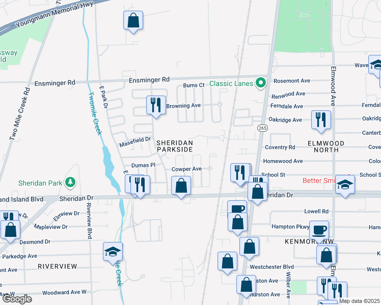 map of restaurants, bars, coffee shops, grocery stores, and more near 26-32 Curwood Court in Tonawanda