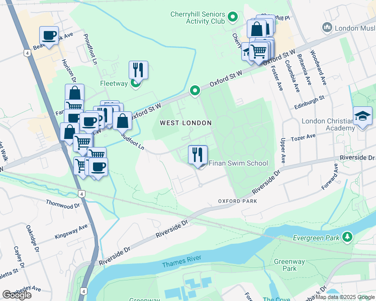 map of restaurants, bars, coffee shops, grocery stores, and more near 535 Proudfoot Lane in London