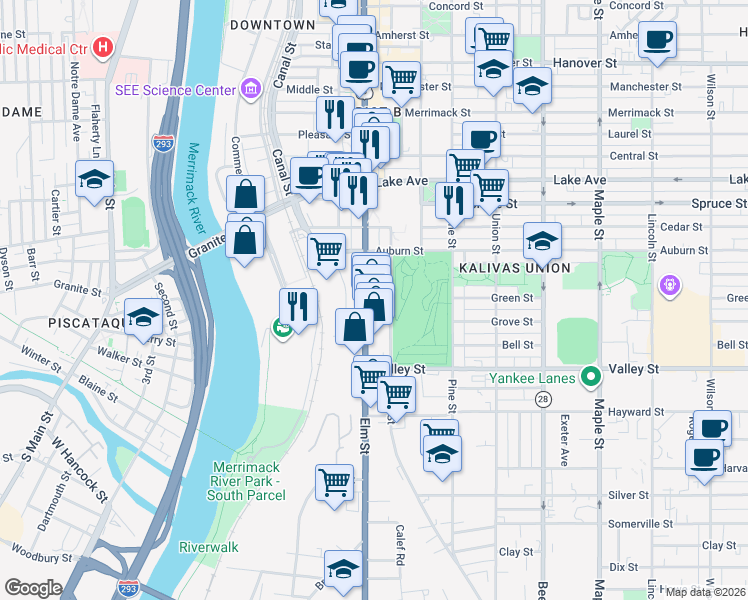 map of restaurants, bars, coffee shops, grocery stores, and more near 377 Elm Street in Manchester