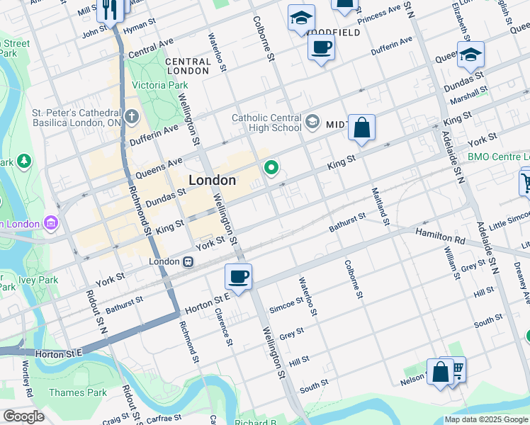 map of restaurants, bars, coffee shops, grocery stores, and more near 354 Waterloo Street in London